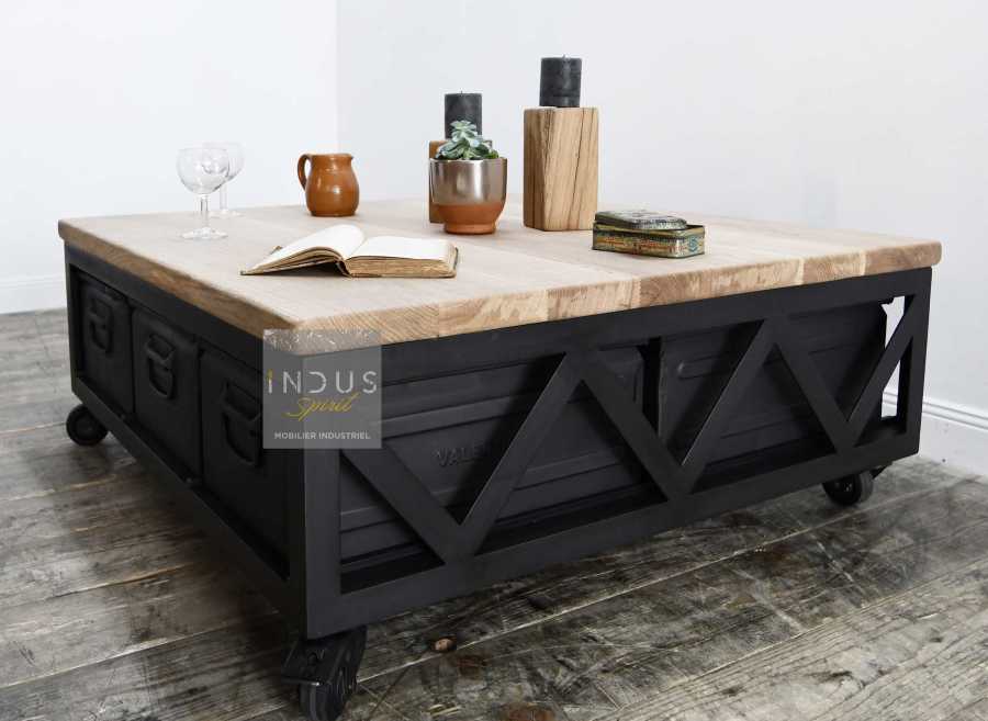 Table basse design industriel avec tiroir