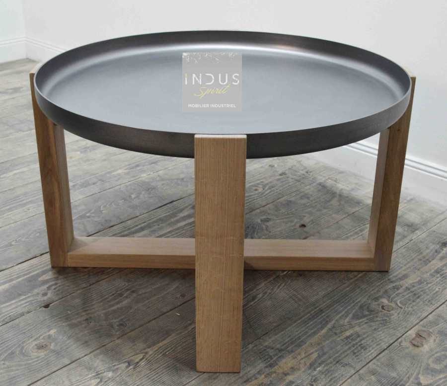 Table basse ronde métal et bois